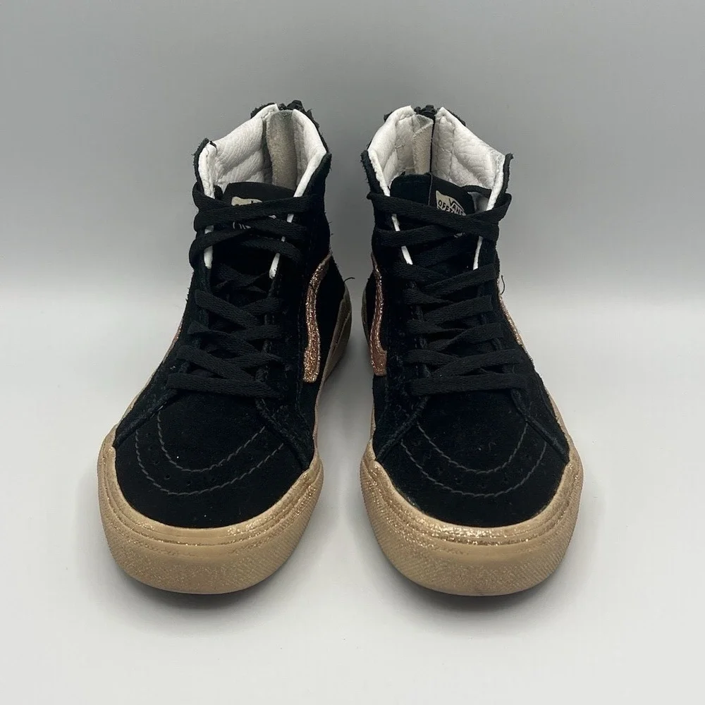 Vans Sk8-Hi Black Gold Zipper High Top Shoes -‎ Kids Girls Size 13.5 USED